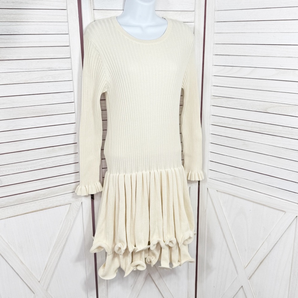 Bonnie Jean‎ Ribbed Knit Tiered Ruffle Hem Sweater Dress Cream Size 12